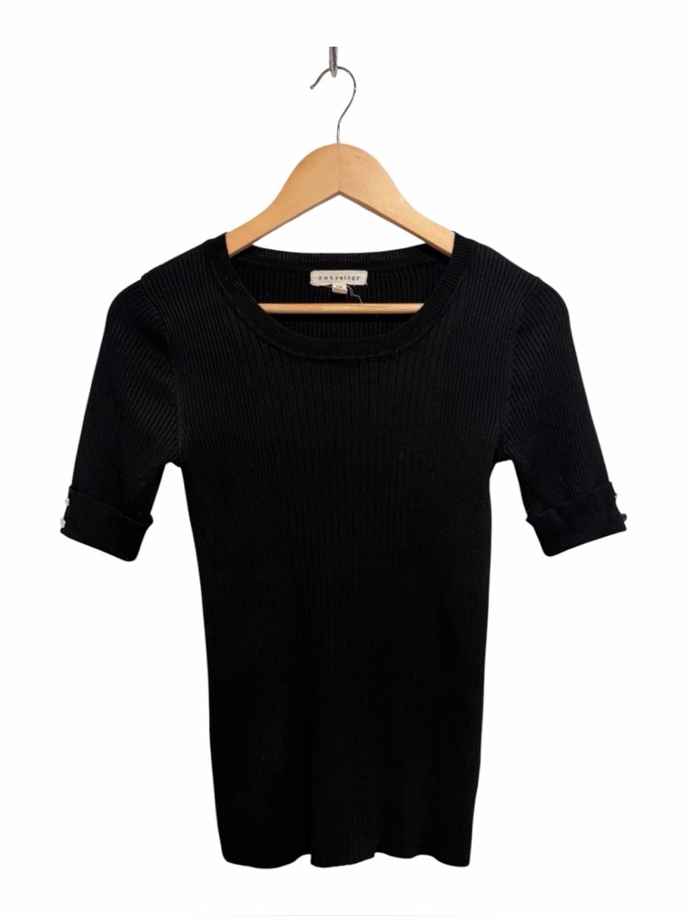 Retrology Black Ribbed Short Sleeve Cuffed Sleeve Knit Top Small